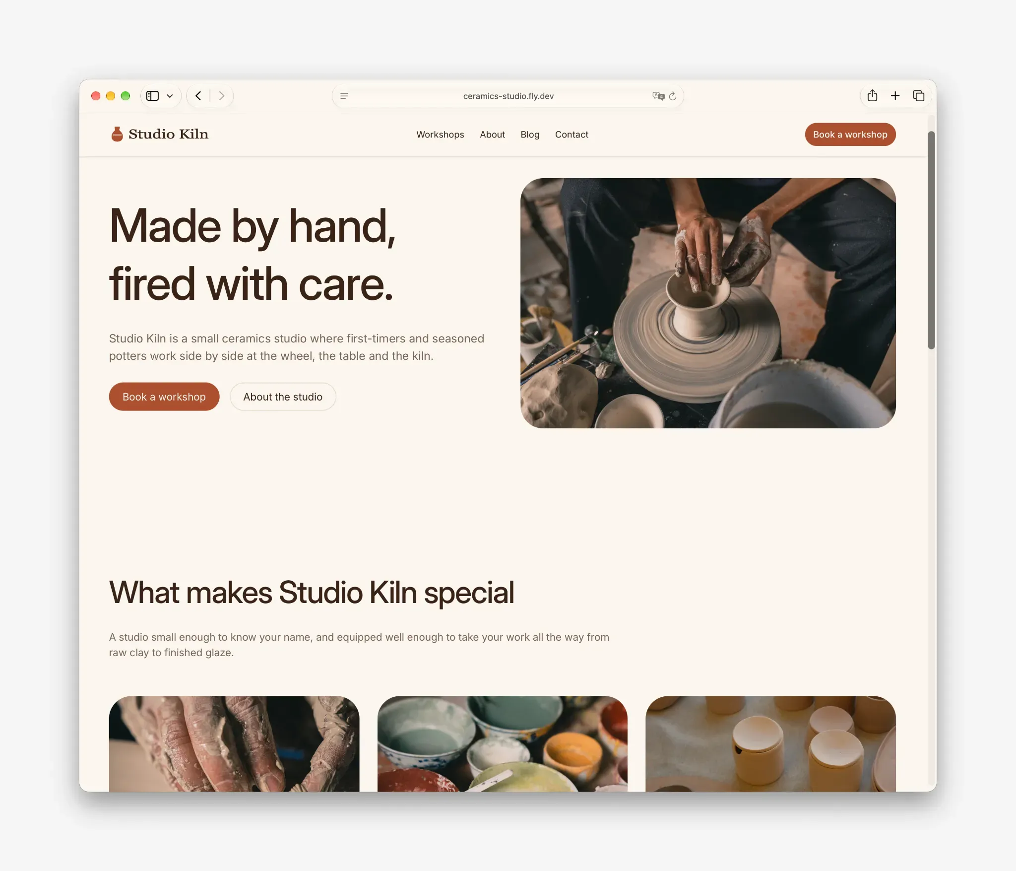 The finished Studio Kiln website in a browser: a landing page headed "Made by hand, fired with care." next to a photo of hands shaping a pot on a wheel